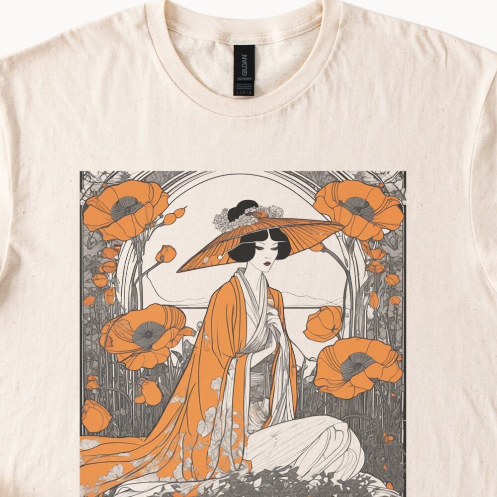 japanese kimono geisha art shirt orange poppy floral artwork asian garden print - Picture 2 of 6